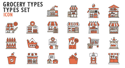 Grocery store and supermarket icon set. Collection of outline symbols for retail business, food shopping, and commerce.