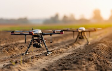 Innovative agritech drones enhancing precision farming and sustainability in Indian agriculture at sunset