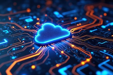 Glowing blue cloud symbol on futuristic circuit board technology