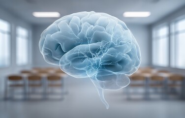 Innovative educational technology showcasing a digital brain model in a modern classroom environment