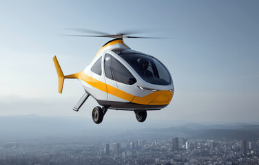 Innovative airtaxi providing urban transportation above modern cityscape at dusk