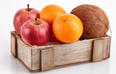 Fresh fruits in wooden basket on bright white background showcasing vibrant colors and textures