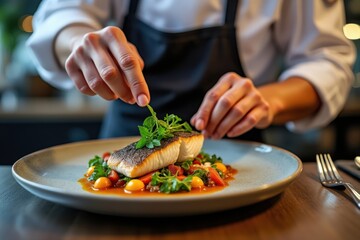 Chef meticulously garnishes a gourmet fish dish with fresh herbs