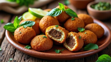 Deliciously fried savory balls garnished with fresh herbs and lime