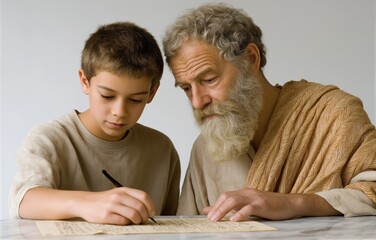Classical education between a philosopher and a young student at a marble desk