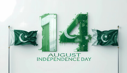 Celebrating august independence day with pakistan flags and green themed number fourteen design