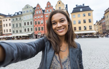 Happy Asian woman taking self portrait in Stortorget, historic Gamla Stan, Stockholm