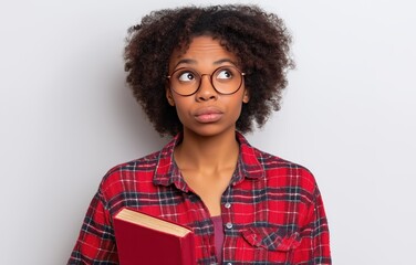 Beauty student girl contemplating with book against a minimal white background