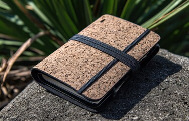 Beige cork notebook with elastic band surrounded by lush green plants in tranquil natural setting