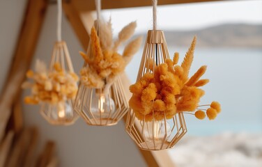 Tropical beach wedding decor with minimal industrial lighting and floral arrangements