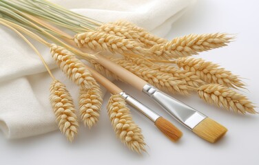 Beige paint brushes with natural fiber wheat bundle on a serene white background