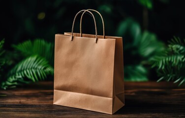 Beige paper shopping bag mockup surrounded by lush greenery in natural light