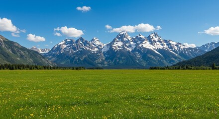 Lush Meadow Meets Majestic Mountains in a Sunny Summer Day