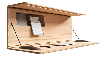 Modern minimalist wooden desk setup featuring a laptop, tablet, stylus, and integrated lighting for efficient remote work and creative projects