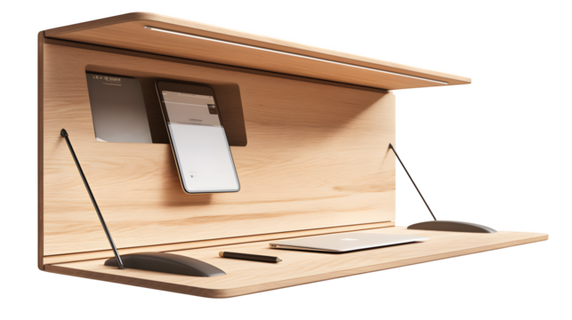 Modern minimalist wooden desk setup featuring a laptop, tablet, stylus, and integrated lighting for efficient remote work and creative projects
