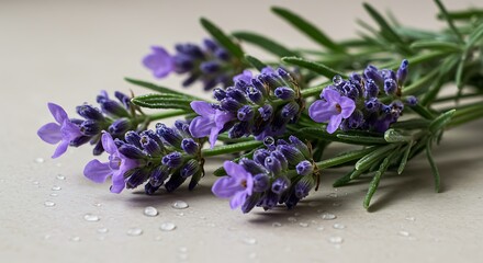 Fototapeta premium Fresh Lavender Sprigs with Glistening Water Droplets in a Serene Macro Still Life