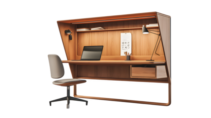 Modern minimalist home office setup featuring a sleek wooden desk, ergonomic chair, laptop, and task lighting creating a productive and stylish workspace.