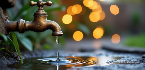 Vintage brass garden faucet dripping water with bokeh lights