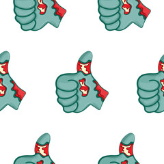 pattern with a cartoon zombie hand in blue with open wounds and bones showing a thumbs up, Halloween design