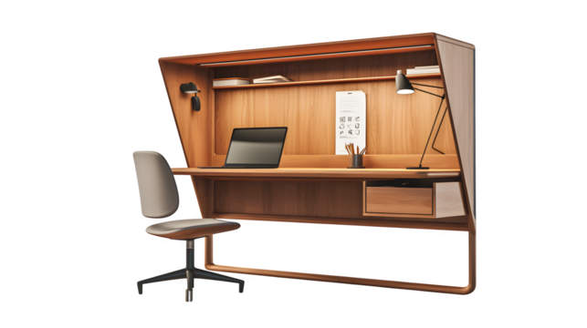 Modern minimalist home office setup featuring a sleek wooden desk, ergonomic chair, laptop, and task lighting creating a productive and stylish workspace.
