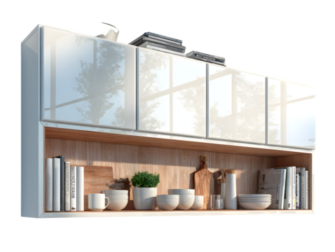 Modern white kitchen cabinetry with reflective glass doors showcasing a bright, airy space filled with books, plants, and tableware