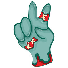 cartoon zombie hand in blue with open wounds and bones folded into a 