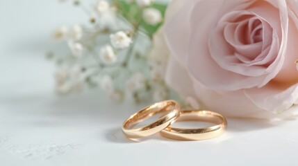 The elegant wedding rings beside a beautiful pastel rose and delicate flowers.