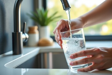 Hands filling a clear glass with fresh water from a modern kitchen faucet