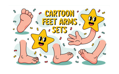 Cartoon Feet, Arms and Stars: Whimsical Clip Art Set for Creative Projects and Designs Featuring Fun, Playful Characters with a Retro Vibe