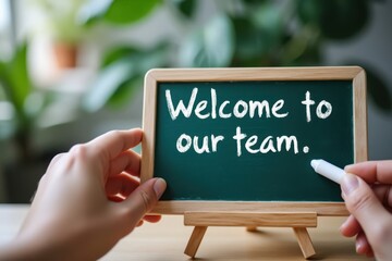 Hands writing welcome to our team on a small chalkboard