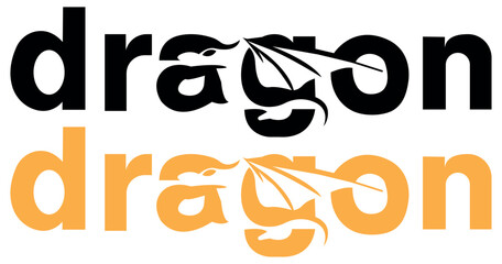 Dragon Typography Logo with Creative Winged Letter Design in Black and Orange. Vector illustration isolated on clear background.