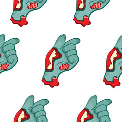 pattern with a cartoon zombie hand in blue with open wounds and bones that folds into a gesture with a folded hand and an extended index finger, design for Halloween