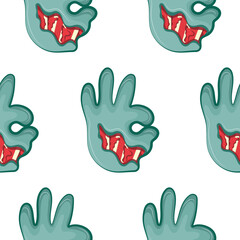 pattern with a cartoon zombie hand in blue with open wounds and bones that folds into a standard 'ok' sign, Halloween design