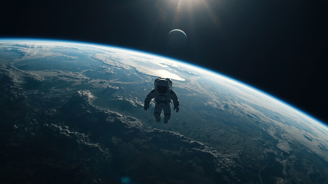Astronaut in space, front of earth wearing space suit