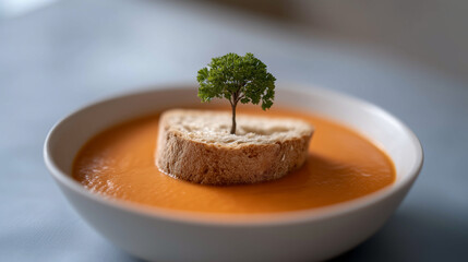 Creative food concept of a miniature tree growing from a bread island in a bowl of soup
