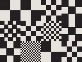 Checkered mosaic pixelart abstract seamless pattern featuring various size square blocks, vector minimalist black and white background, retro avantgarde style inspired graphics
