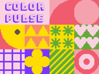 8 bit retro videogame inspired pixelart illustration. Colorful blocks with geometric elements in symmetrical collage layout. Swiss avantgarde design set