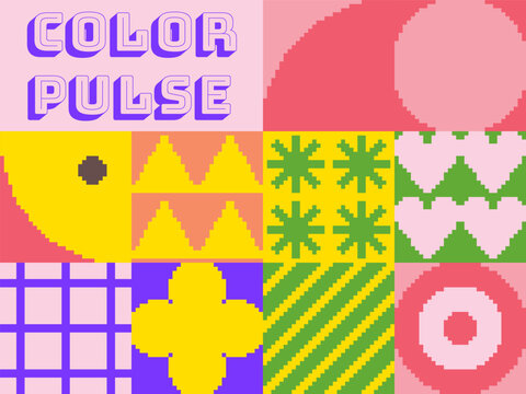 8 bit retro videogame inspired pixelart illustration. Colorful blocks with geometric elements in symmetrical collage layout. Swiss avantgarde design set