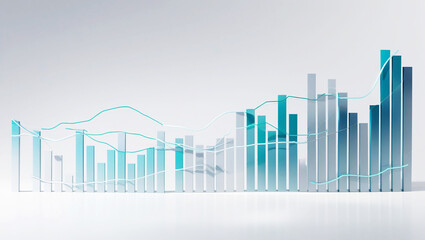 3D render of modern financial bar chart and translucent line graph trending upwards on white background