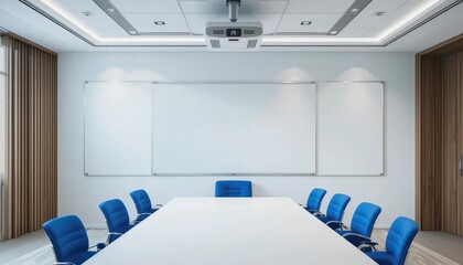 Naklejka premium Modern meeting room interior with blank whiteboard, wooden walls, blue chairs and white tables.