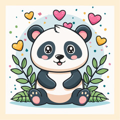 Obraz premium Adorable Panda Surrounded by Hearts and Foliage: A Cheerful Cartoon Illustration