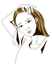 Woman Touching Hair – Expressive Pose with Intense Gaze