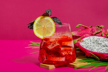 Dragon fruit refreshment drink. Pitaya tropical beverage, smoothie, cocktail. Sweet lemonade