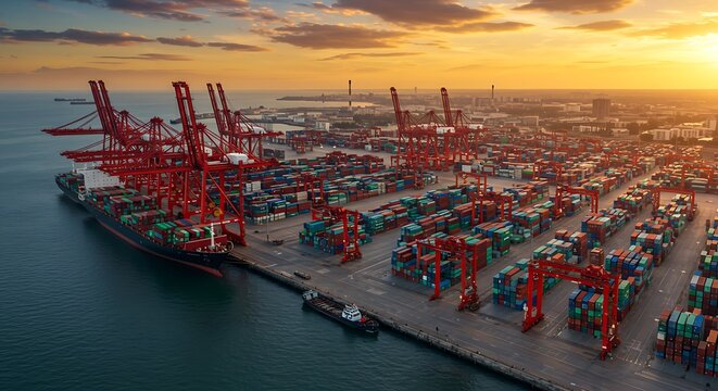 Vibrant Red Cranes Over a Bustling Container Terminal at Golden Sunset