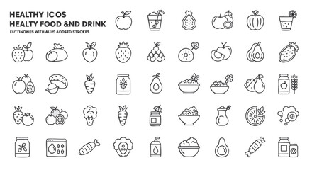 Healthy food and drink line icon collection 379. Outline vector illustrations of fruits, vegetables, and nutritional items for a healthy lifestyle.