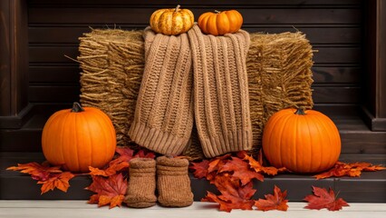 Cozy Autumn Decor with Pumpkins and Warm Textiles on Rustic Hay Bales Surrounded by Colorful Fall Leaves