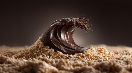 Fantasy food landscape with a sea of chocolate and sand of cookie crumbs