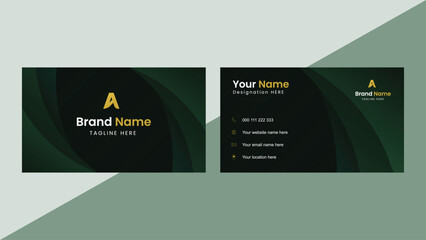 Professional business card background with dark green layered curves and gold accents ideal for elegant branding and corporate identity templates in print or digital use