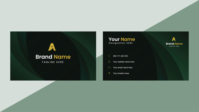 Professional business card background with dark green layered curves and gold accents ideal for elegant branding and corporate identity templates in print or digital use