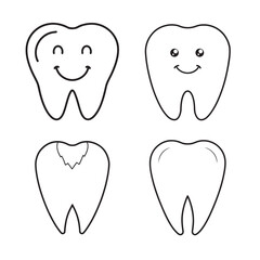 line art cartoon style tooth happy-smile set on the white background